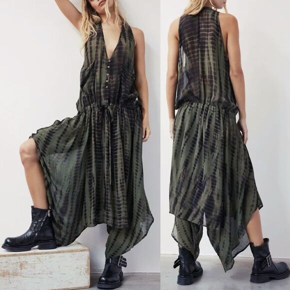 NICHOLAS K x FREE PEOPLE Size XL NWT Dahlia Tie Dye Jumpsuit Sage Green Black - Picture 1 of 16